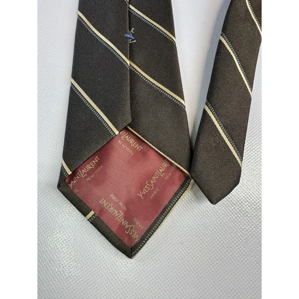 Yves Saint Laurent Monsieur Silk Tie Brown Tan Striped YSL Vintage Old Money - Picture 4 of 5